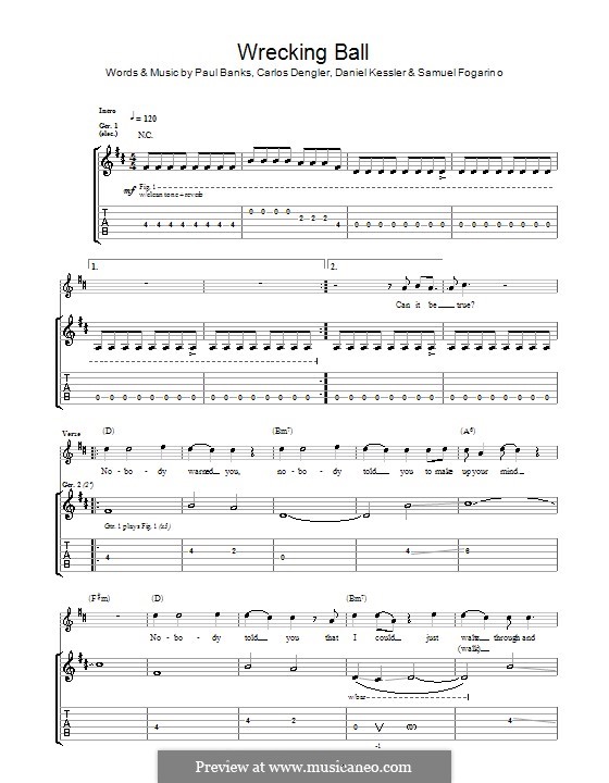 Wrecking Ball (Interpol): Für Gitarre mit Tabulatur by Carlos Dengler, Daniel Kessler, Paul Banks, Samuel Fogarino