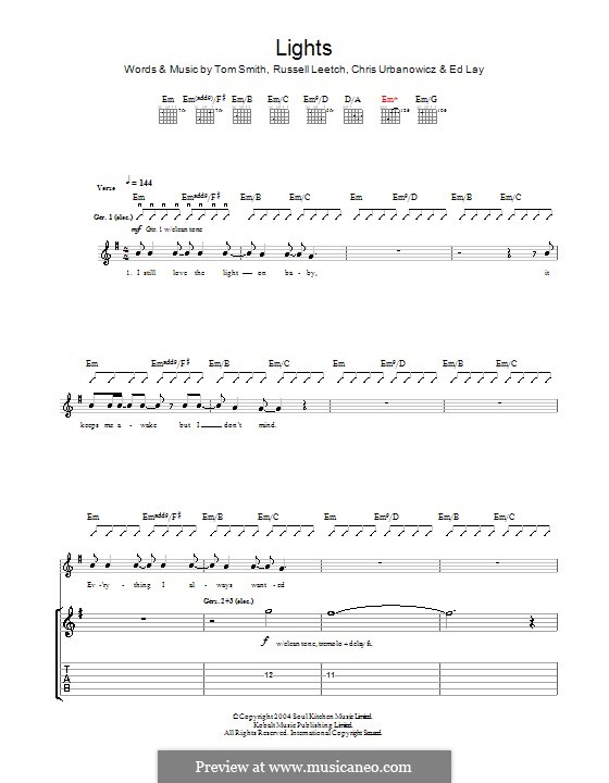 Lights (Editors): Für Gitarre mit Tabulatur by Christopher Urbanowicz, Edward Lay, Russell Leetch, Thomas Henry Smith