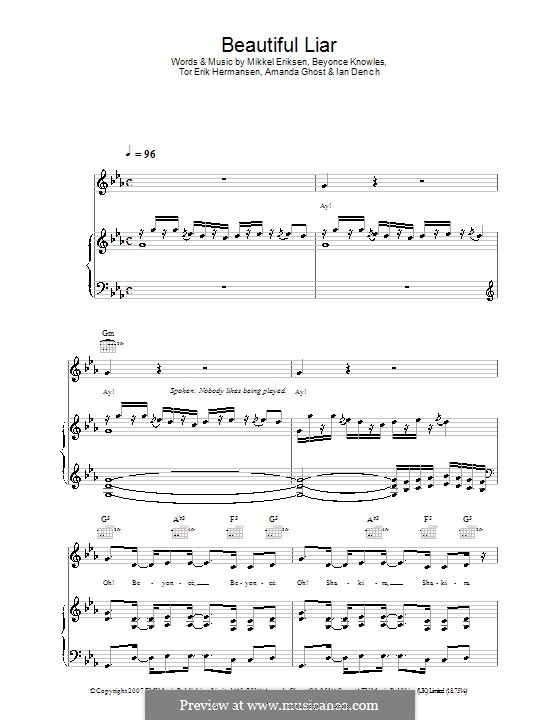 Beautiful Liar (Beyonce & Shakira): Für Stimme und Klavier (oder Gitarre) by Amanda Ghost, Ian Dench, Mikkel Storleer Eriksen, Tor Erik Hermansen