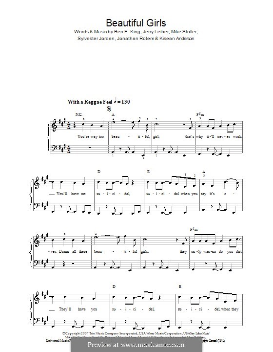 Beautiful Girls (Sean Kingston): Einfache Noten für Klavier by Ben E. King, Jerry Leiber, Jonathan Rotem, Kisean Anderson, Mike Stoller, Sylvester Jordan