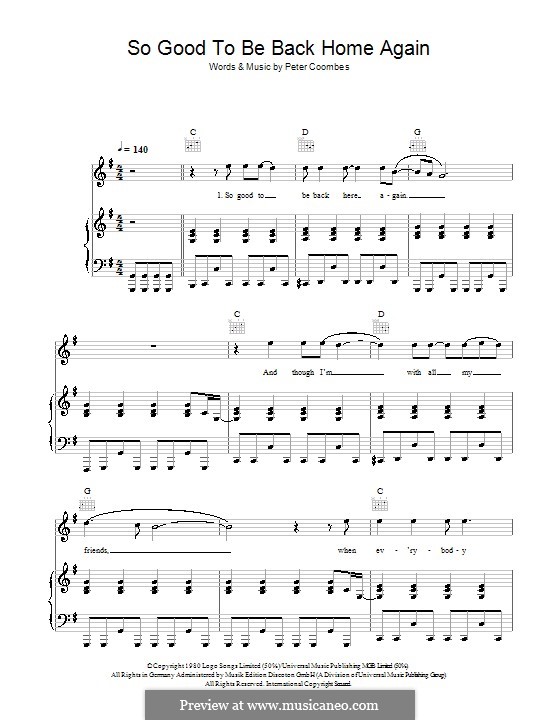 So Good To Be Back Home Again (The Tourists): Für Stimme und Klavier (oder Gitarre) by Peter Coombes