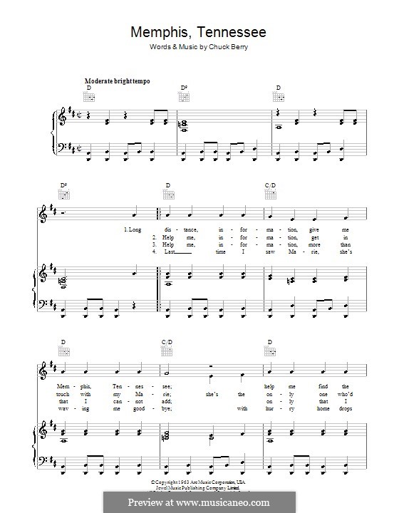 Memphis Tennessee: Für Stimme und Klavier (oder Gitarre) by Chuck Berry