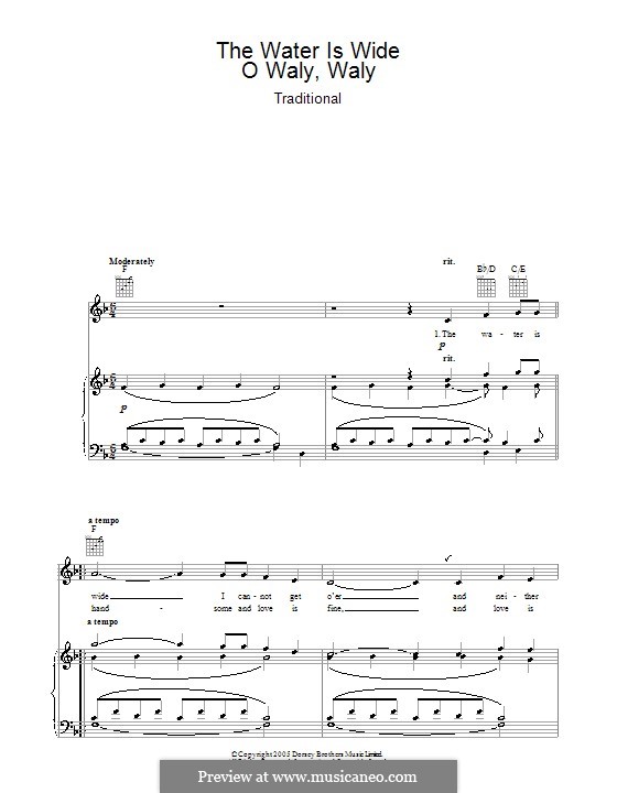 The Water is Wide (O Waly, Waly), Printable scores: Für Stimme und Klavier oder Gitarre (F-Dur) by folklore