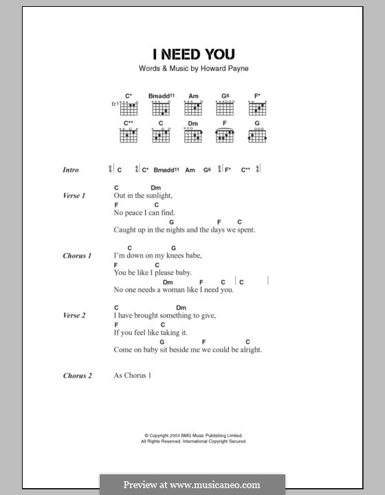 I Need You (The Stands): Texte und Akkorde by John Howard Payne