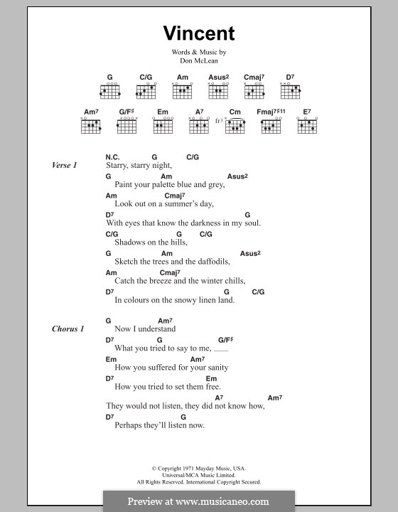 Vincent (Starry Starry Night): Text und Akkorde by Don McLean
