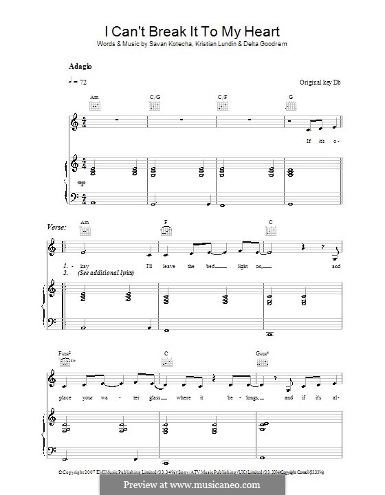 I Can't Break It To My Heart: Für Stimme und Klavier (oder Gitarre) by Kristian Lundin, Savan Kotecha