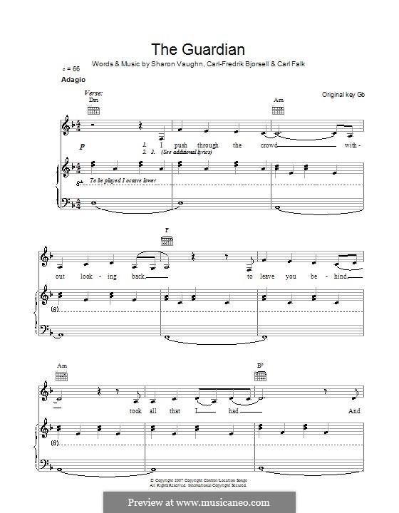 The Guardian (Delta Goodrem): Für Stimme und Klavier (oder Gitarre) by Carl Falk, Carl-Fredrik Bjorsell, Sharon Vaughn