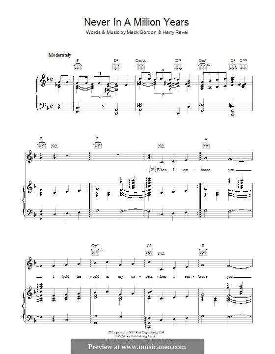 Never in a Million Years: Für Stimme und Klavier (oder Gitarre) by Harry Revel