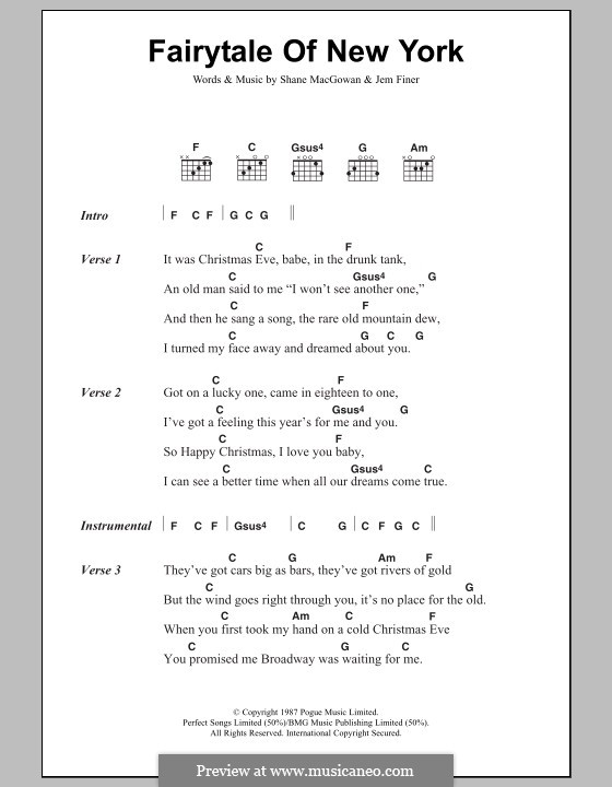 Fairytale of New York (The Pogues & Kirsty MacColl): Text und Akkorde by Jem Finer, Shane MacGowan
