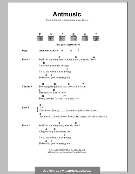 Antmusic (Adam & The Ants): Texte und Akkorde by Adam Ant, Marco Pirroni