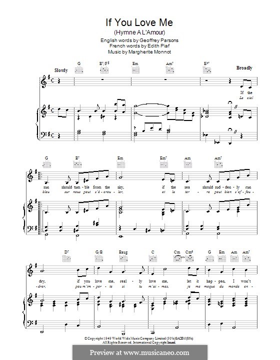 If You Love Me (I Won't Care): Für Stimme und Klavier (oder Gitarre) by Marguerite Monnot