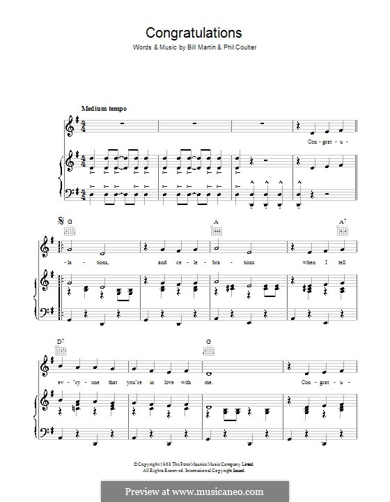 Congratulations (Cliff Richard): Für Stimme und Klavier (oder Gitarre) by Billy Martin, Phil Coulter