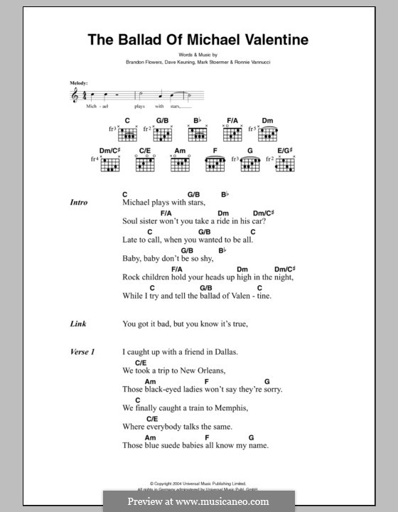 The Ballad of Michael Valentine (The Killers): Text und Akkorde by Brandon Flowers, Dave Keuning, Mark Stoermer, Ronnie Vannucci