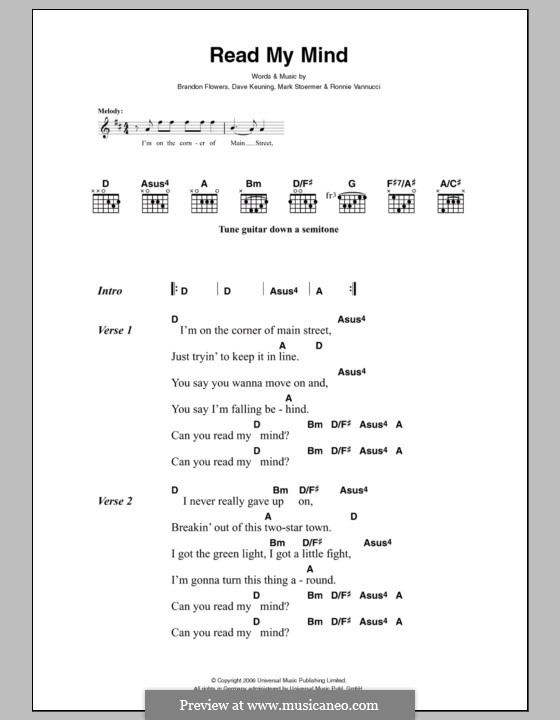 Read My Mind (The Killers): Text und Akkorde by Brandon Flowers, Dave Keuning, Mark Stoermer, Ronnie Vannucci