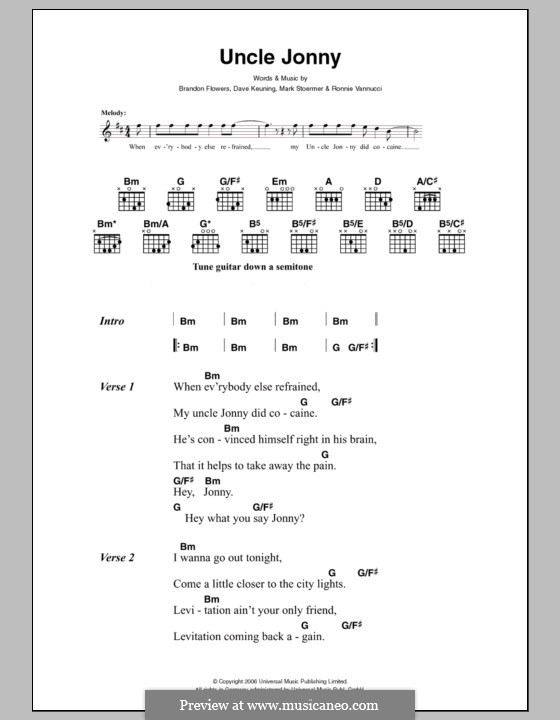 Uncle Jonny (The Killers): Text und Akkorde by Brandon Flowers, Dave Keuning, Mark Stoermer, Ronnie Vannucci