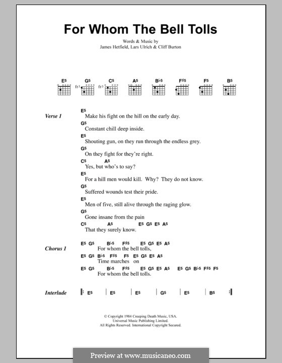 For Whom the Bell Tolls (Metallica): Text und Akkorde by Cliff Burton, James Hetfield, Lars Ulrich