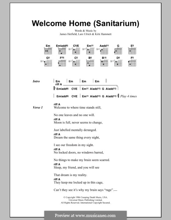 Welcome Home (Sanitarium): Text und Akkorde (Metallica) by James Hetfield, Kirk Hammett, Lars Ulrich