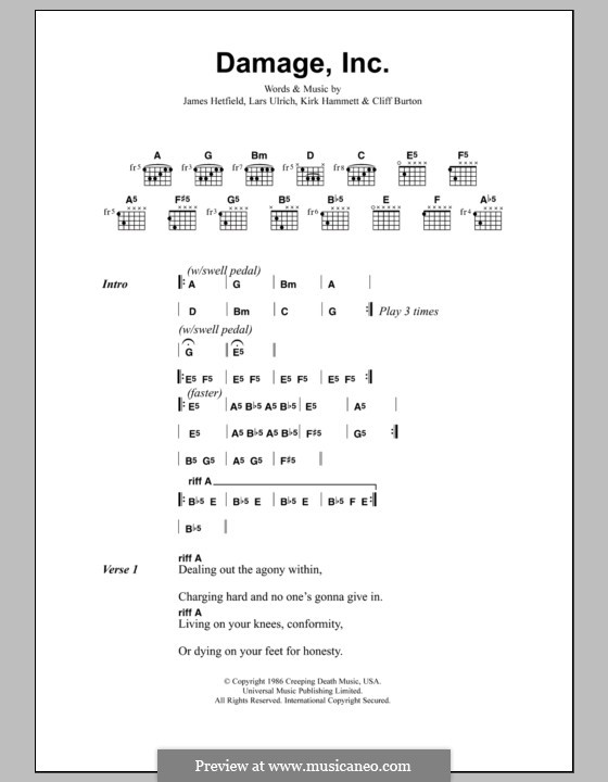 Damage, Inc (Metallica): Text und Akkorde by Cliff Burton, James Hetfield, Kirk Hammett, Lars Ulrich