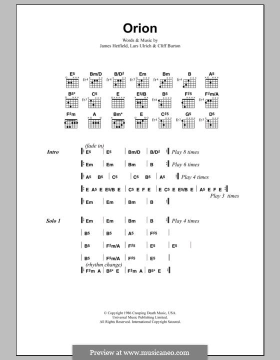 Orion (Metallica): Text und Akkorde by Cliff Burton, James Hetfield, Lars Ulrich