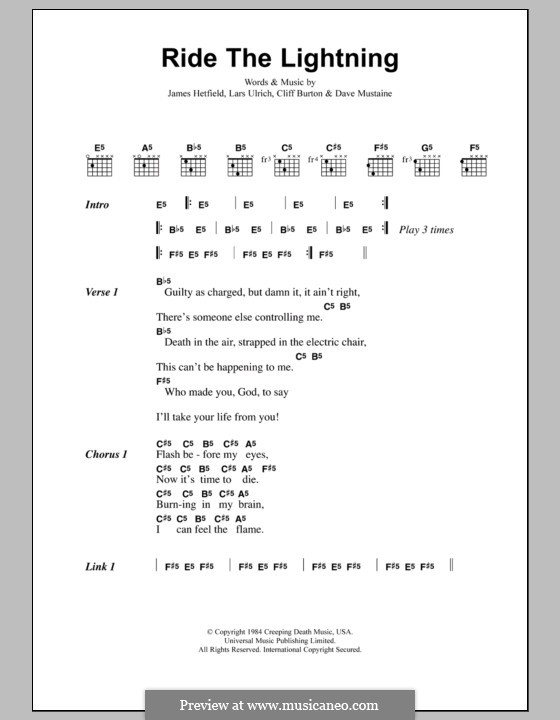 Ride the Lightning (Metallica): Text und Akkorde by Cliff Burton, Dave Mustaine, James Hetfield, Lars Ulrich