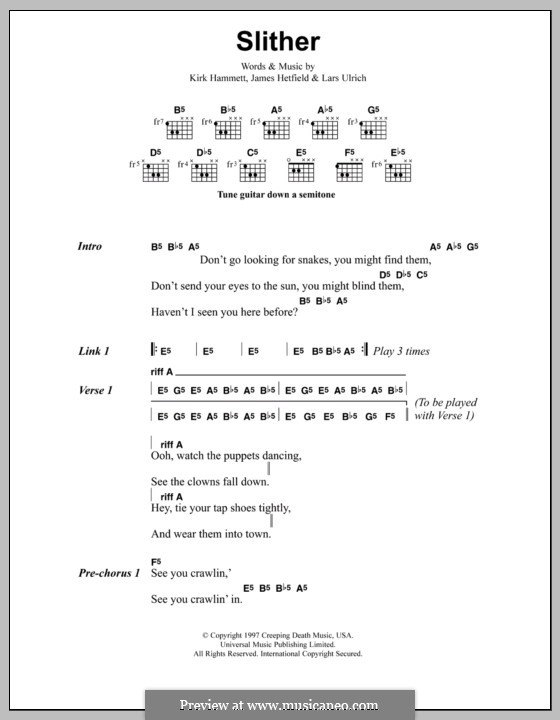 Slither (Metallica): Text und Akkorde by James Hetfield, Kirk Hammett, Lars Ulrich