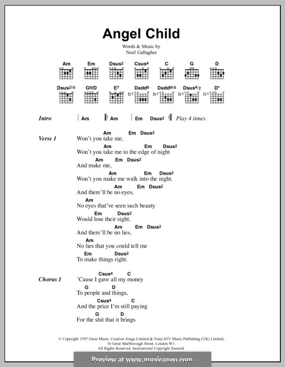 Angel Child (Oasis): Text und Akkorde by Noel Gallagher