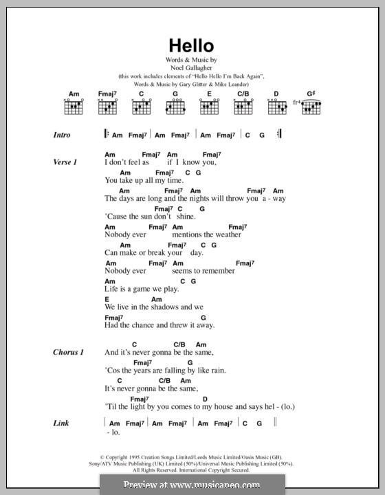 Hello (Oasis): Text und Akkorde by Noel Gallagher