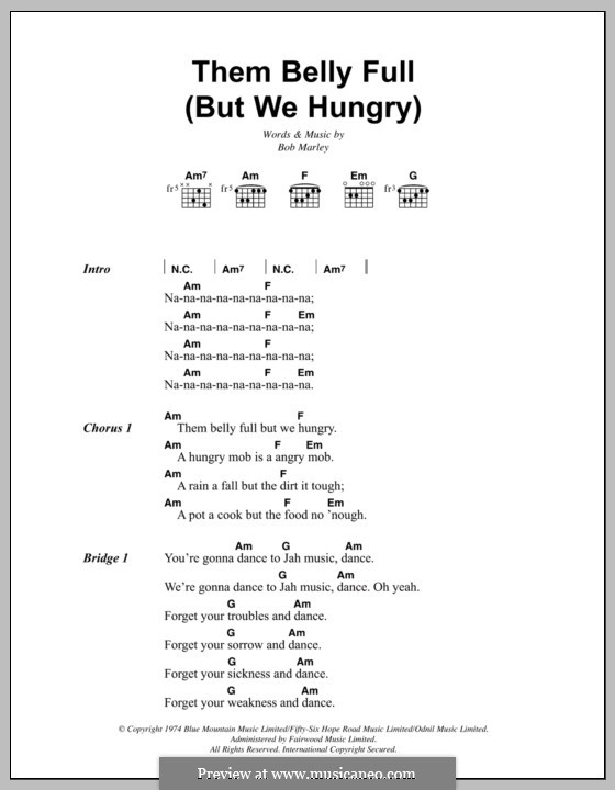 Belly Full (Them Belly Full (But We Hungry)): Text und Akkorde by Carlton Barrett, Lecon Cogill