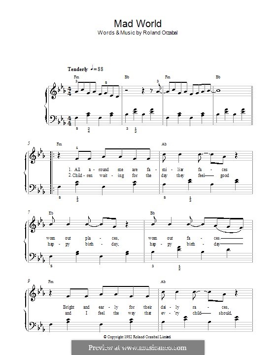 Mad World (Gary Jules & Michael Andrews): Einfache Noten für Klavier by Roland Orzabal