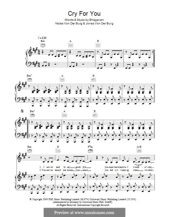 Cry for You (September): Für Stimme und Klavier (oder Gitarre) by Anno Bhagavan, Jonas Von Der Burg, Niclas Von Der Burg