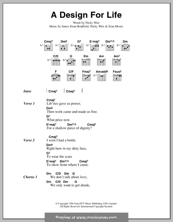 A Design for Life (Manic Street Preachers): Text und Akkorde by James Dean Bradfield, Nicky Wire, Sean Moore