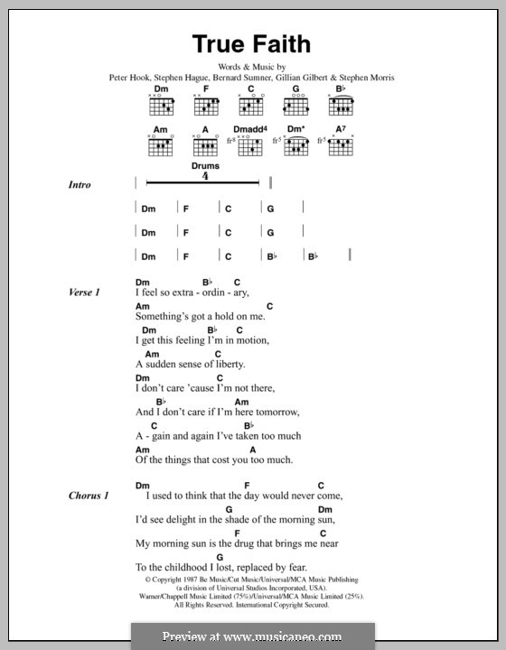 True Faith (New Order): Text und Akkorde by Bernard Sumner, Gillian Gilbert, Peter Hook, Stephen Hague, Stephen Morris