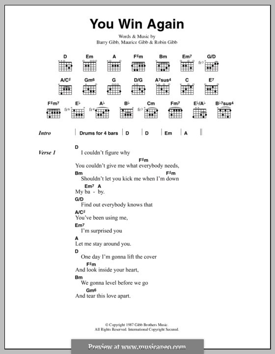 You Win Again (The Bee Gees): Text und Akkorde by Barry Gibb, Maurice Gibb, Robin Gibb