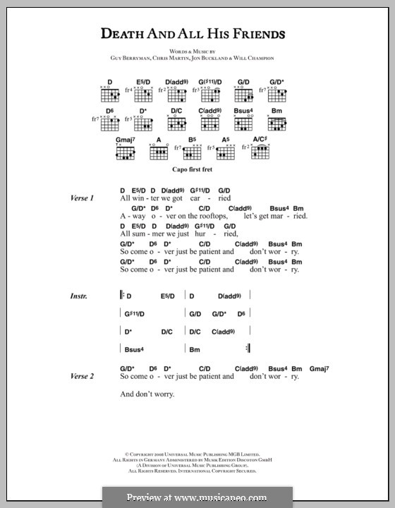 Death and All His Friends (Coldplay): Text und Akkorde by Chris Martin, Guy Berryman, Jonny Buckland, Will Champion