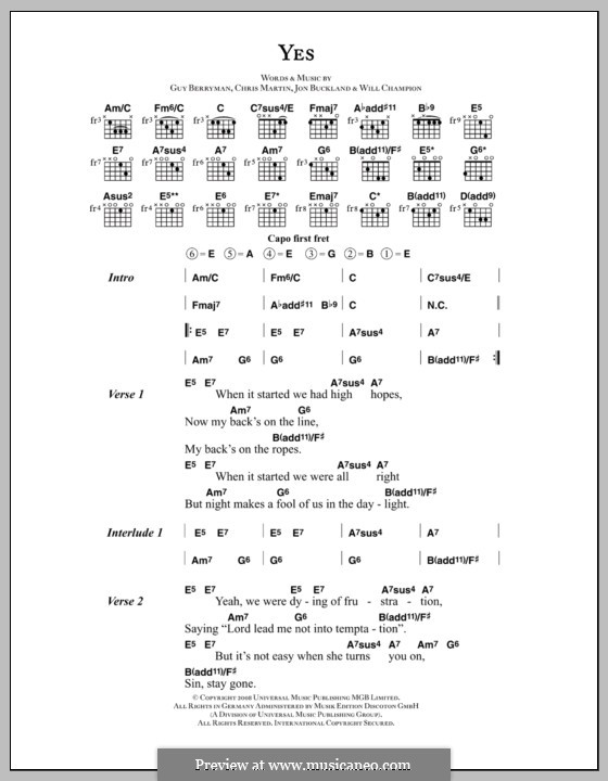 Yes (Coldplay): Text und Akkorde by Chris Martin, Guy Berryman, Jonny Buckland, Will Champion