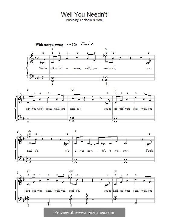 Well You Needn't (It's Over Now): Einfache Noten für Klavier by Thelonious Monk
