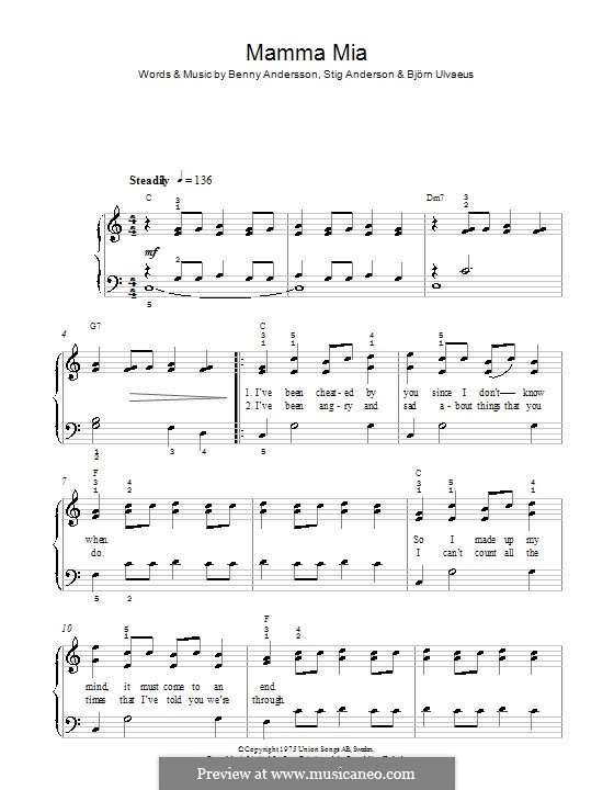 Mamma Mia (ABBA): Einfache Noten für Klavier by Benny Andersson, Björn Ulvaeus, Stig Anderson