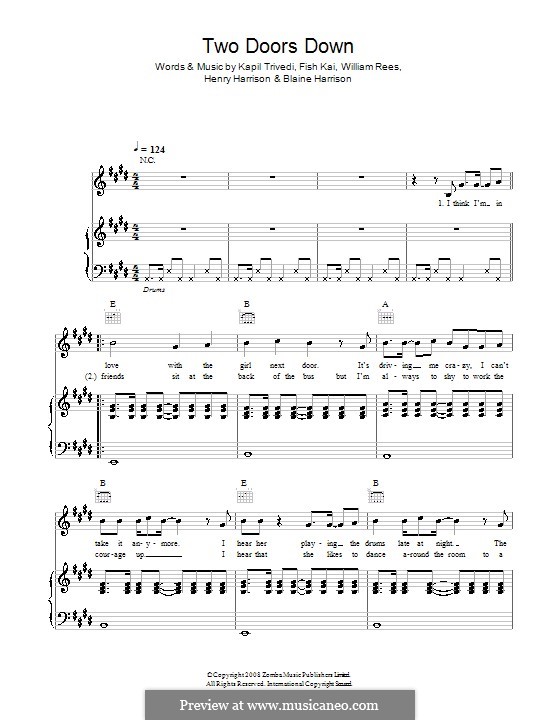Two Doors Down (Mystery Jets): Für Stimme und Klavier (oder Gitarre) by William Rees, Blaine Harrison, Fish Kai, Henry Harrison, Kapil Trivedi