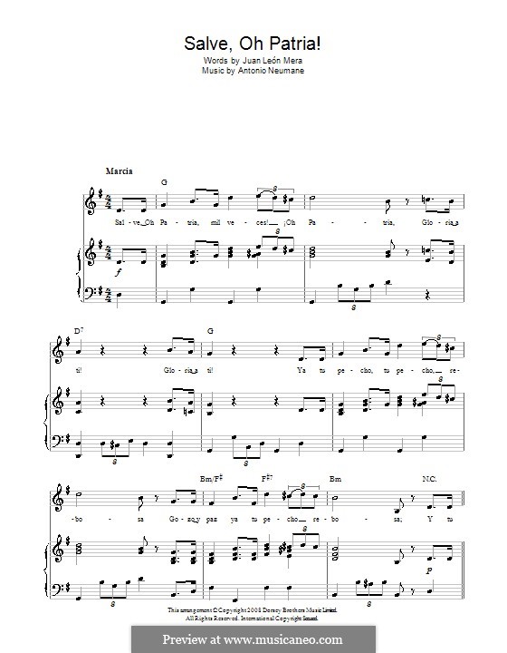 Salve, Oh Patria! (Ecuadorian National Anthem): Für Stimme und Klavier (oder Gitarre) by Antonio Neumane