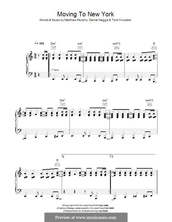 Moving to New York (The Wombats): Für Stimme und Klavier (oder Gitarre) by Daniel Haggis, Matthew Murphy, Tord Knudson