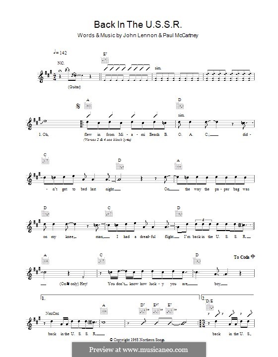 Back in the USSR (The Beatles): Melodie, Text und Akkorde by John Lennon, Paul McCartney