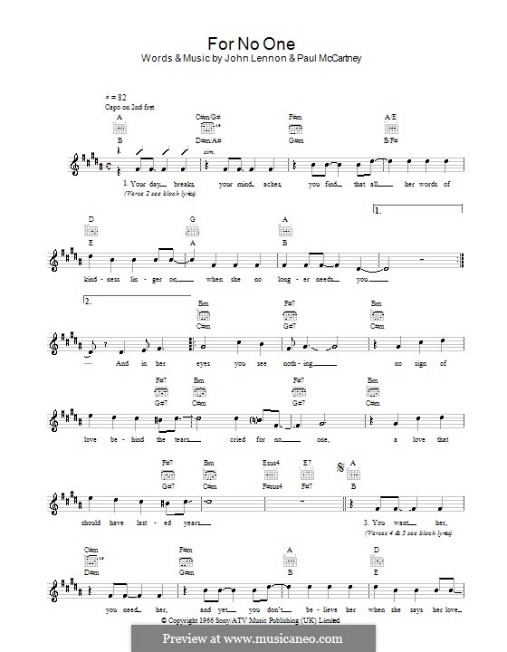 For no One (The Beatles): Melodie, Text und Akkorde by John Lennon, Paul McCartney
