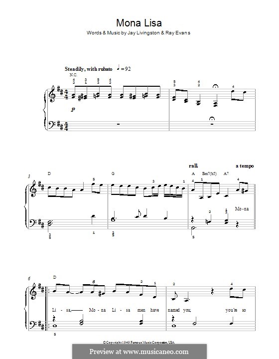 Mona Lisa (Nat King Cole): Für Klavier, leicht by Jay Livingston, Raymond Evans