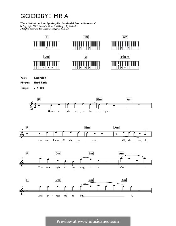 Goodbye Mr. A (The Hoosiers): Für Keyboard by Alan Sharland, Irwin Sparkes, Martin Skarendahl