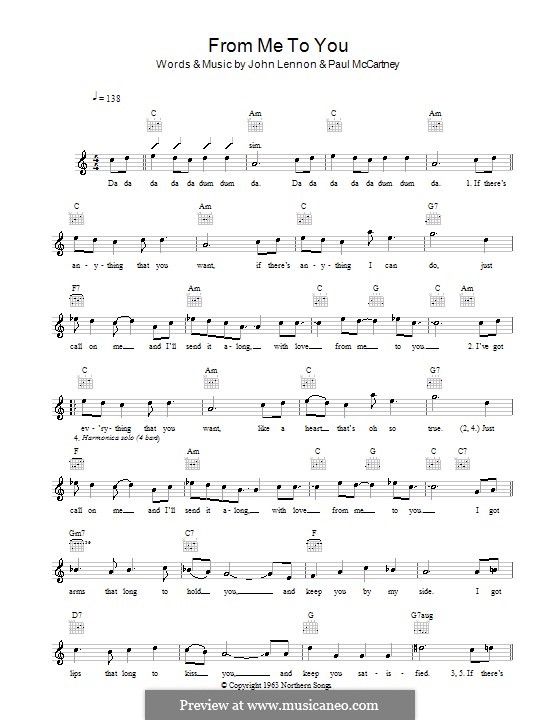 From Me to You (The Beatles): Melodie, Text und Akkorde by John Lennon, Paul McCartney