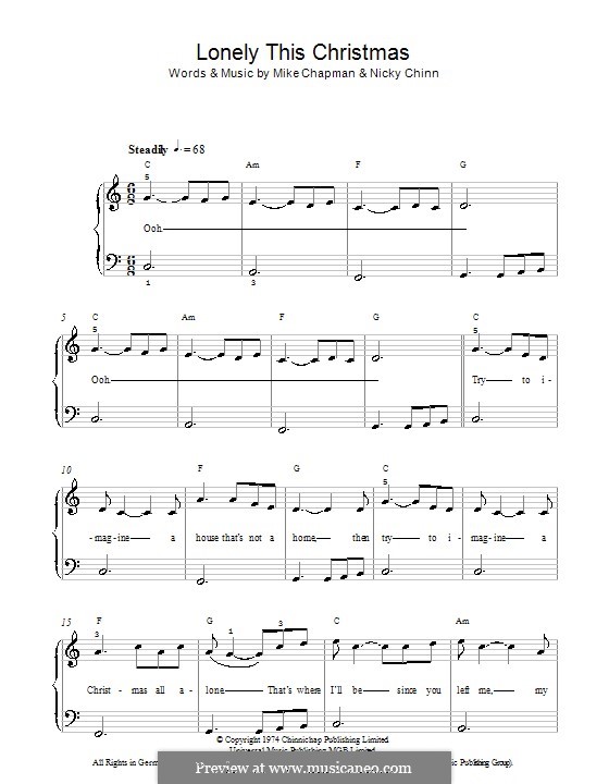 Lonely This Christmas (Mud): Für Klavier, leicht by Mike Chapman, Nicky Chinn