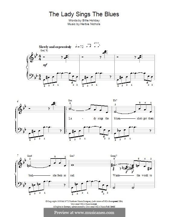 The Lady Sings the Blues (Billie Holiday): Einfache Noten für Klavier by Herbie Nichols