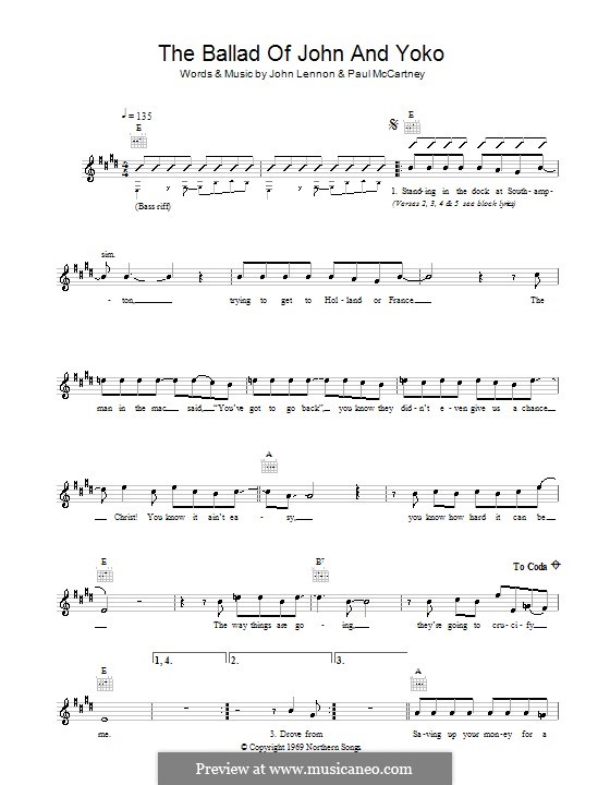The Ballad of John and Yoko (The Beatles): Melodie, Text und Akkorde by John Lennon, Paul McCartney