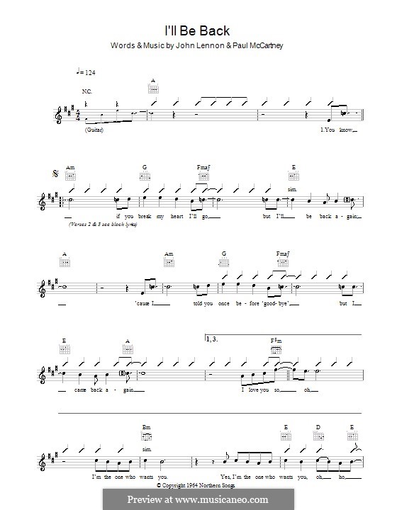 I'll Be Back (The Beatles): Melodie, Text und Akkorde by John Lennon, Paul McCartney