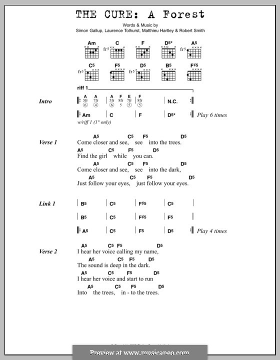 A Forest (The Cure): Text und Akkorde by Laurence Tolhurst, Matthieu Hartley, Robert Gary Smith, Simon Gallup